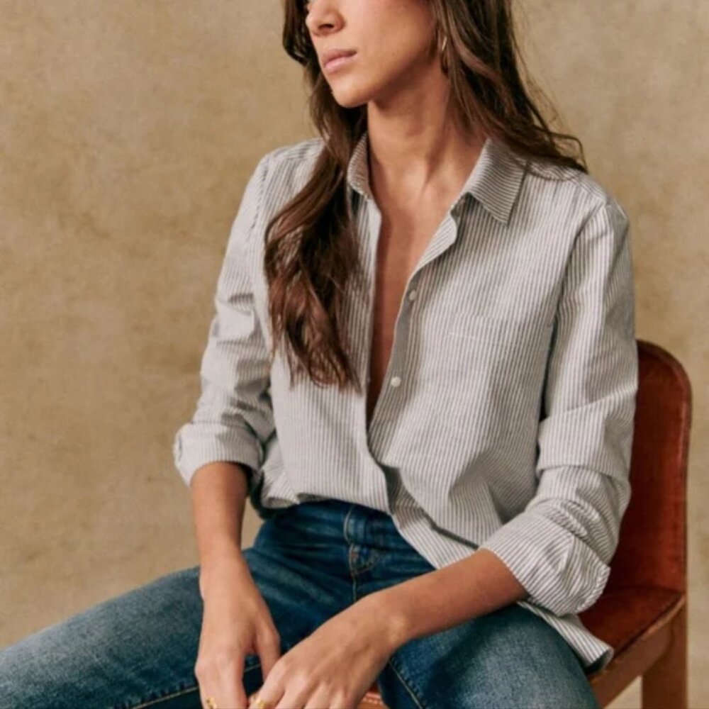 Sezane Tomboy Shirt in Stripes Ecru /Blue size 34 NWT